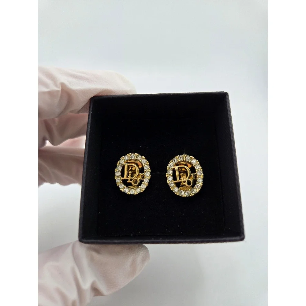 Vintage Christian Dior Gold Tone Crystal Logo Oval Clip On Earrings Germany